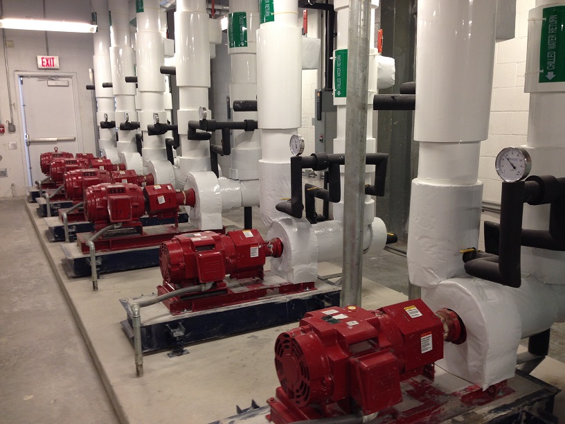 Mechanical room with insulated chilled water piping and a row of red pumps maintained by IEI