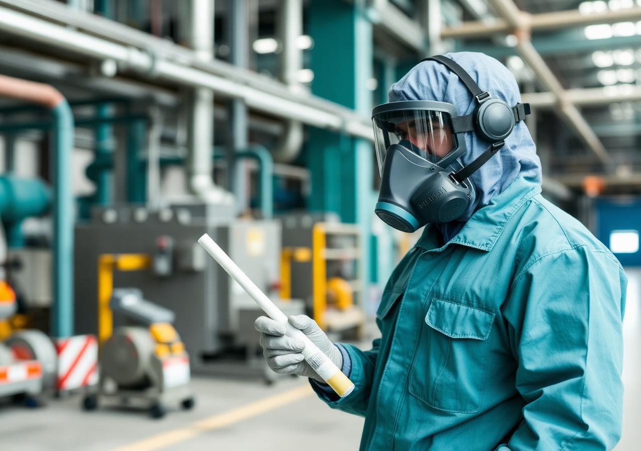 Environmental technician collecting air samples inside an industrial facility