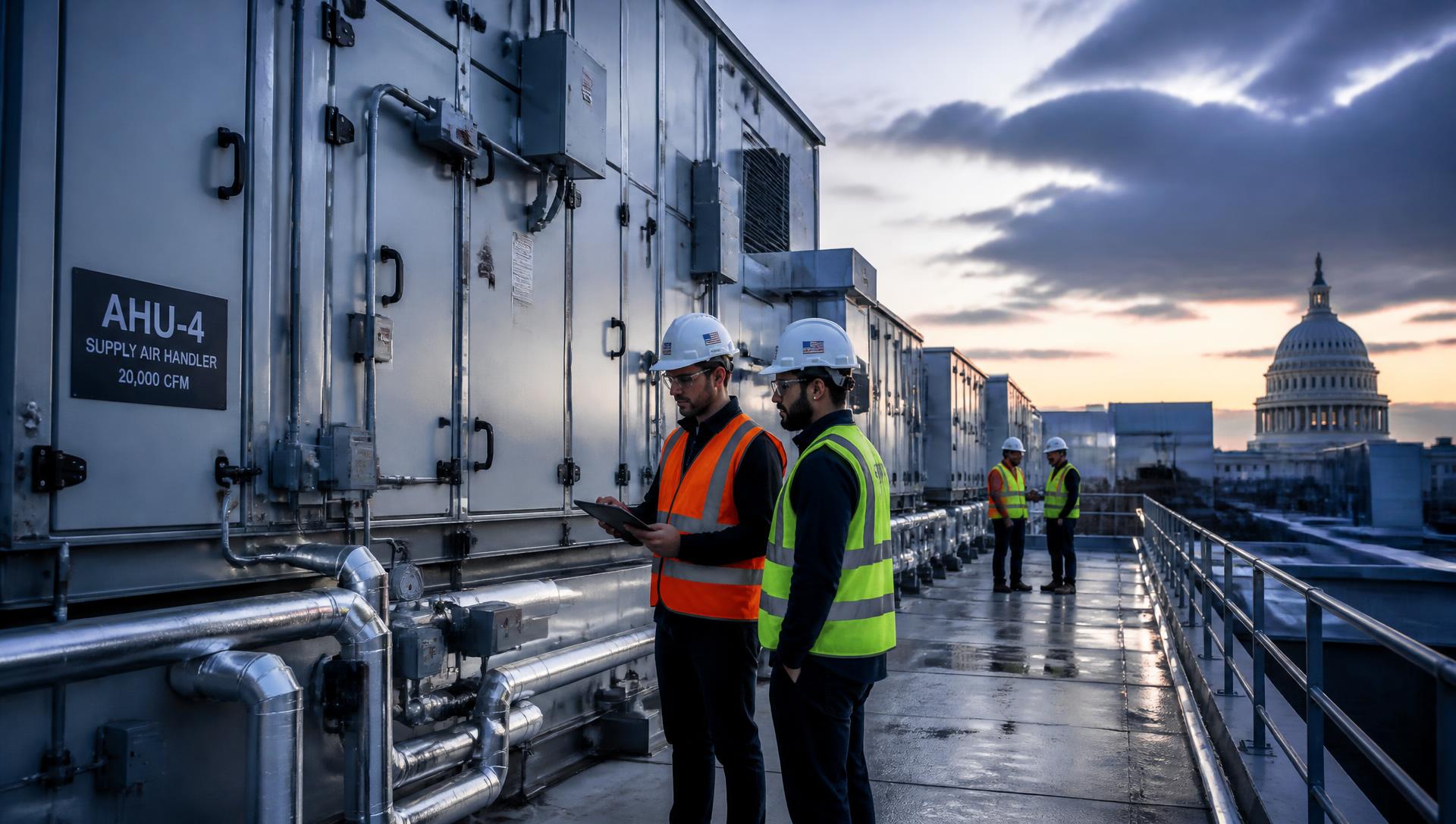 IEI engineers inspecting rooftop air handling units at a federal facility