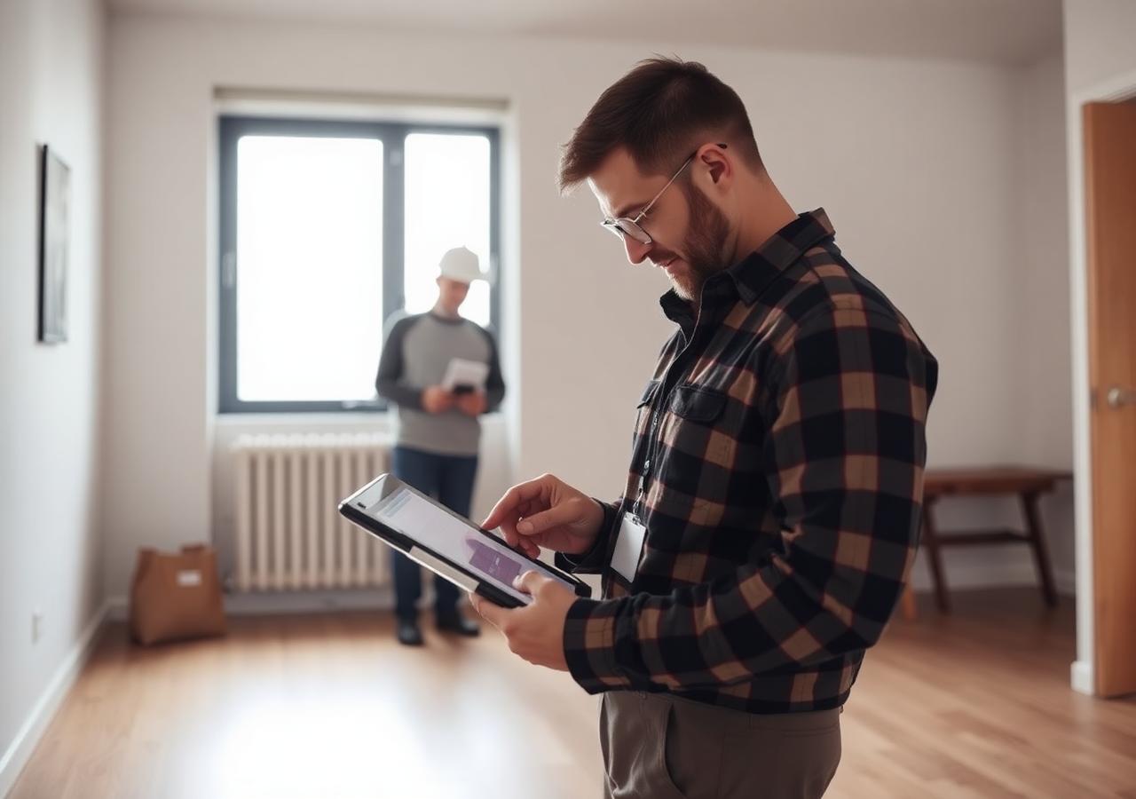 Inspector documenting a residential unit on a tablet during a housing inspection